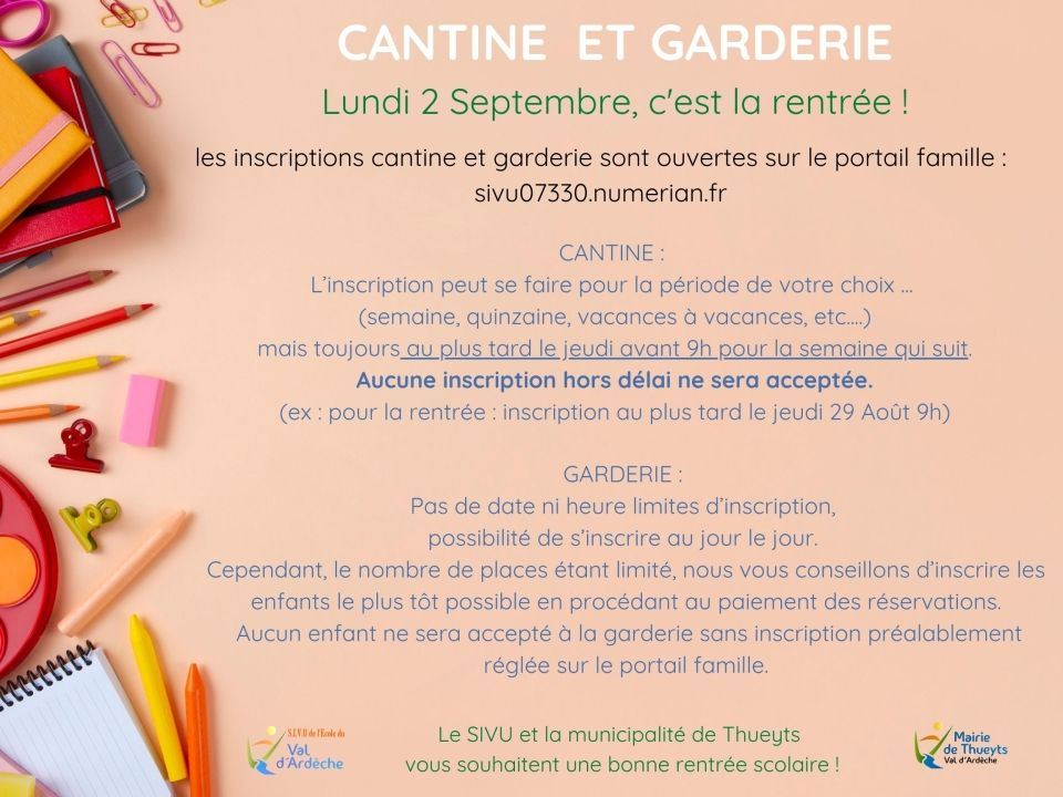 Rentrée scolaire 2024/2025 Informations Cantine et garderie